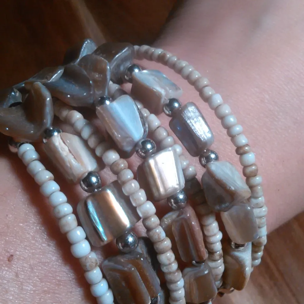 Beige Seed Bead And Shell Stainless Steel Wrap Bracelet - Image 4