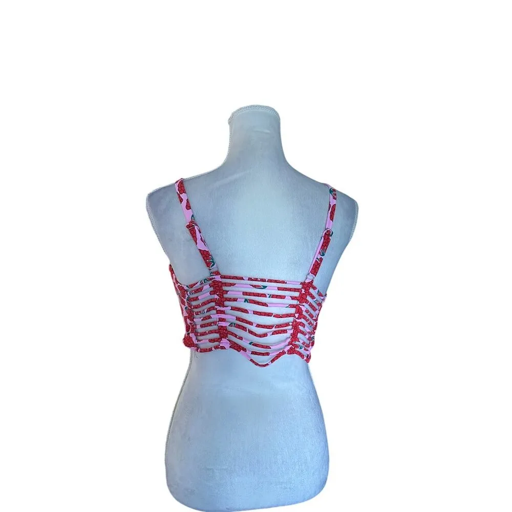 Womens Red Cropped Top Strawberry Print V neck Strappy Back Padded Size L NWOT Size L - Image 10