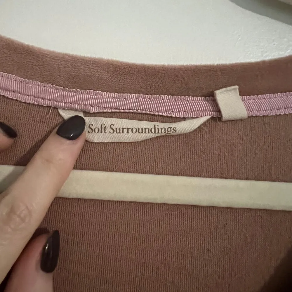 Soft Surroundings Velvet Velour Lace Trim Detail Pocket Front Long Sleeve Top - Image 5