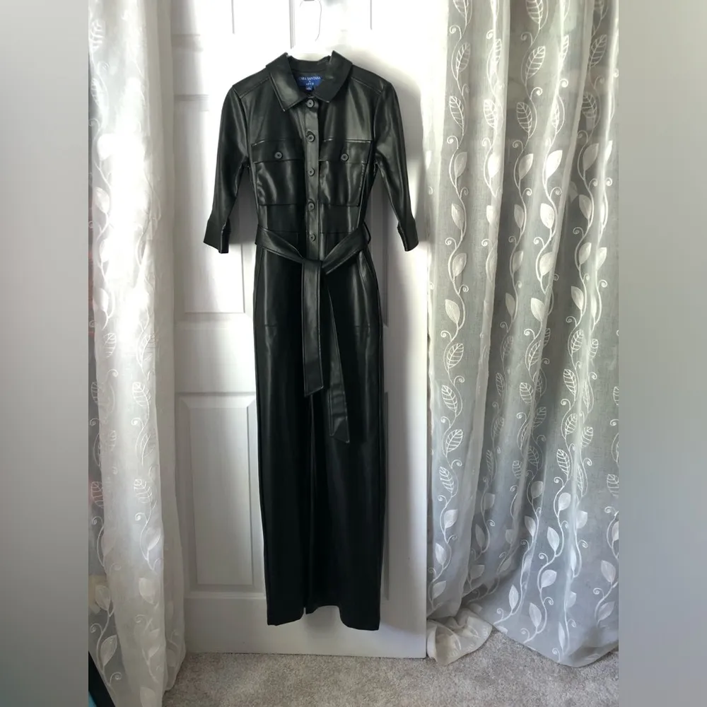 APT. 9 Cara Santana Women Faux Leather Jumpsuit Women sz XS buttons front belt - Image 3
