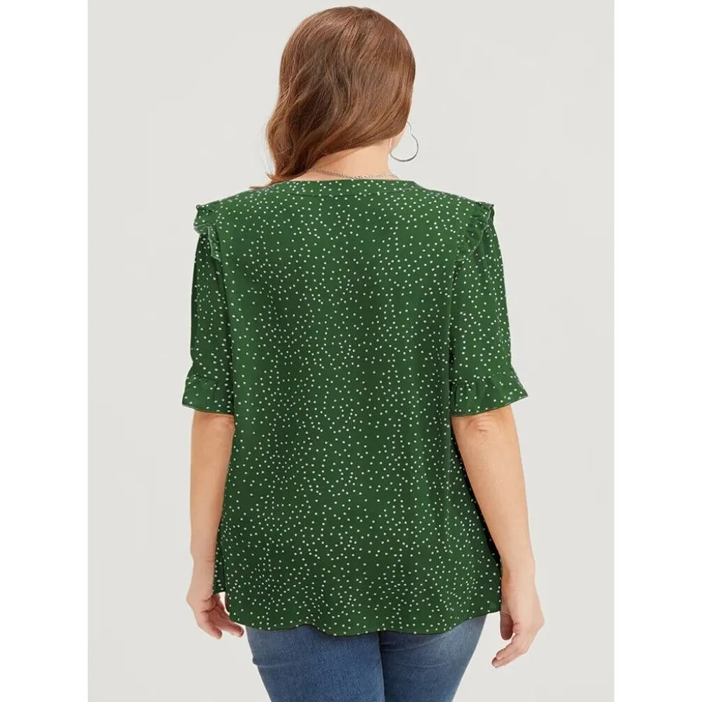 Bloomchic Polka Dot V Neck Ruffle Trim Blouse Short Sleeve Green 26 - Image 2