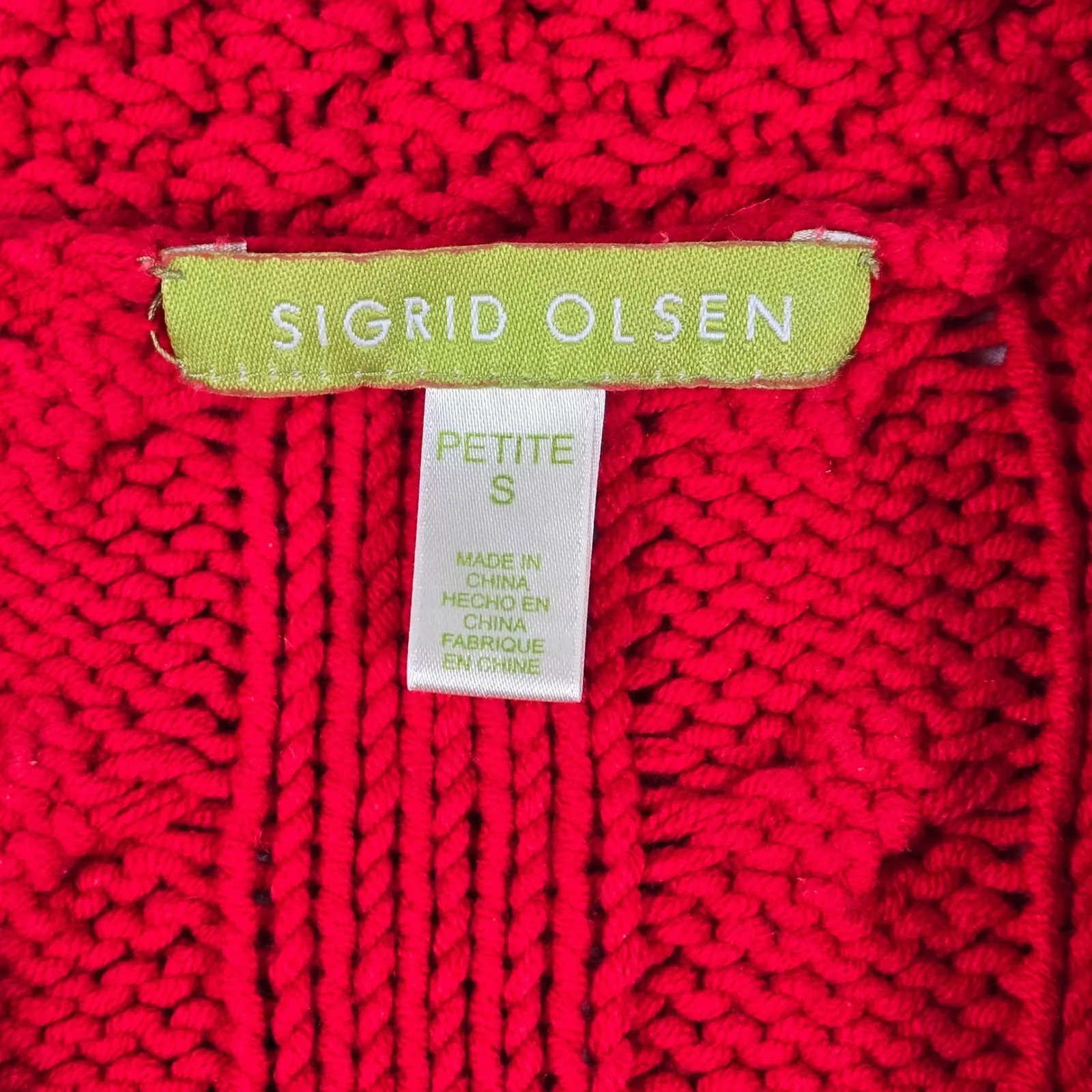 Sigrid Olsen Petite Red Cable Knit Shawl Collar Cardigan Sweater Size S - Image 3