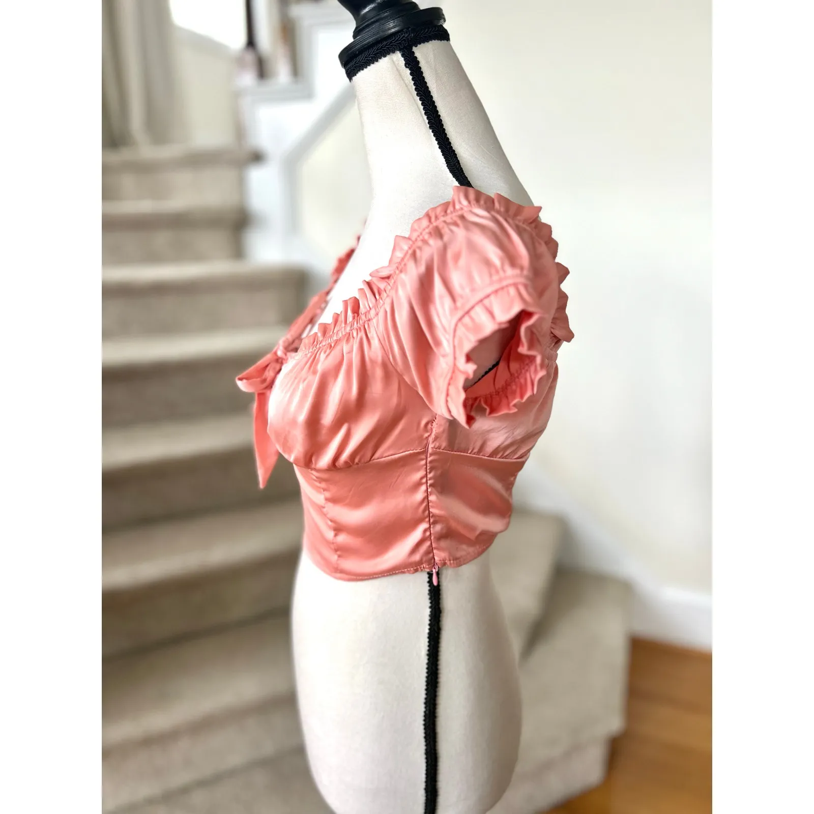 Nasty Gal Pink Satin Cropped Bustier Milkmaid Puff Sleeve Coquette Top - Image 2