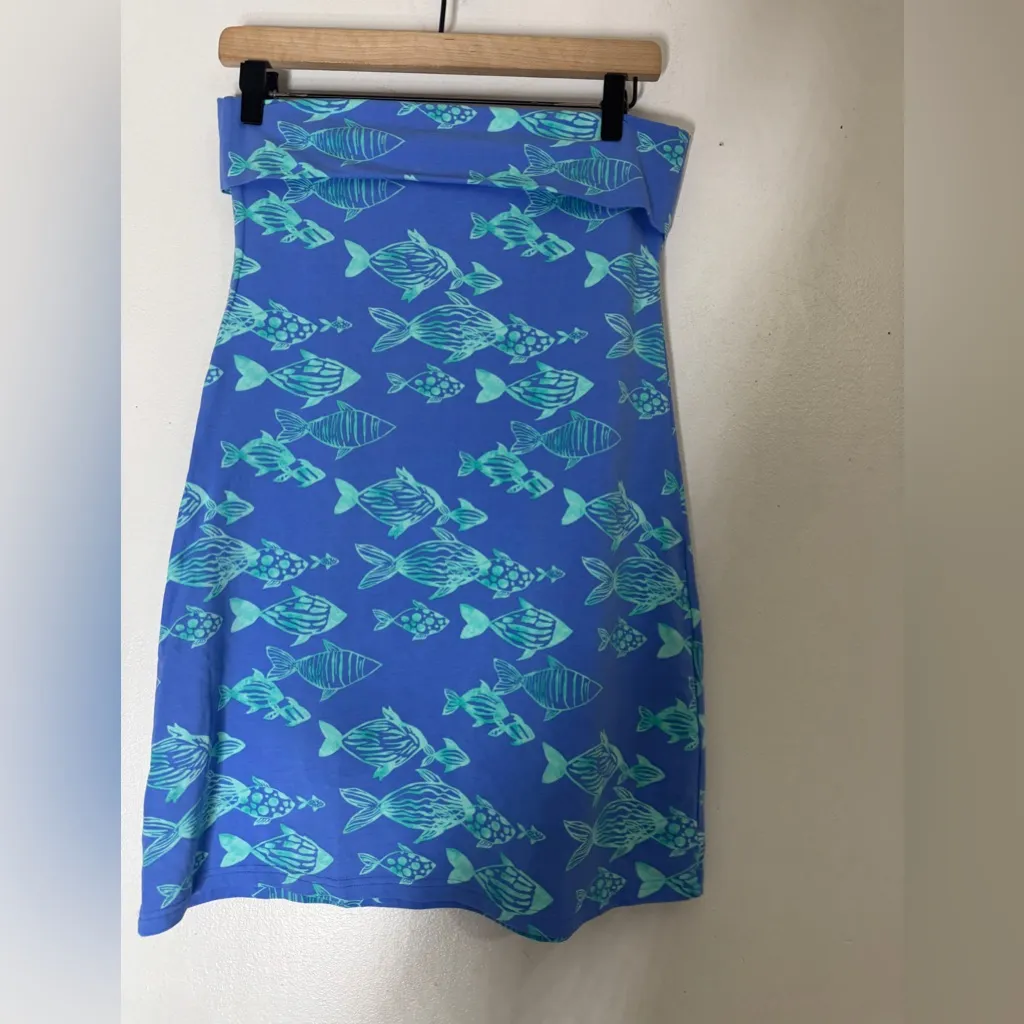 Hiho Blue Fish Print Cotton Roll‎ Down Waist Knee Length Skirt Small - Image 2