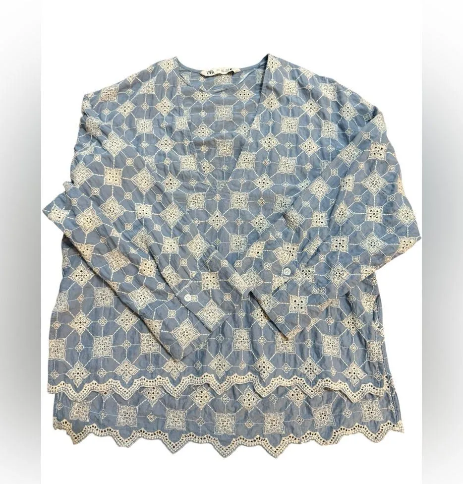 Zara Blue & White Floral Embroidered Boho Eyelet Linen Blouse Women Sz S - Image 12