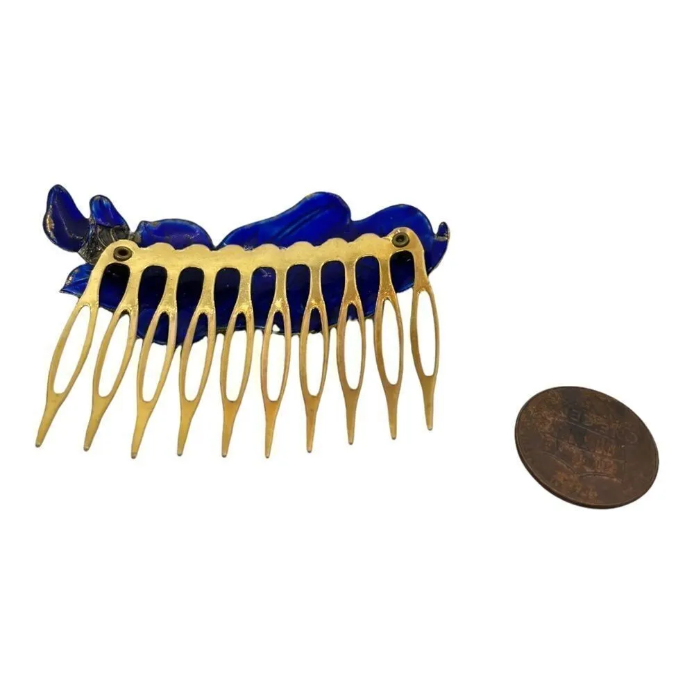 Vintage 80s Cloisonné Enamel Floral Art Noveau Hair Comb Hair Accessories Neon Blue - Image 10