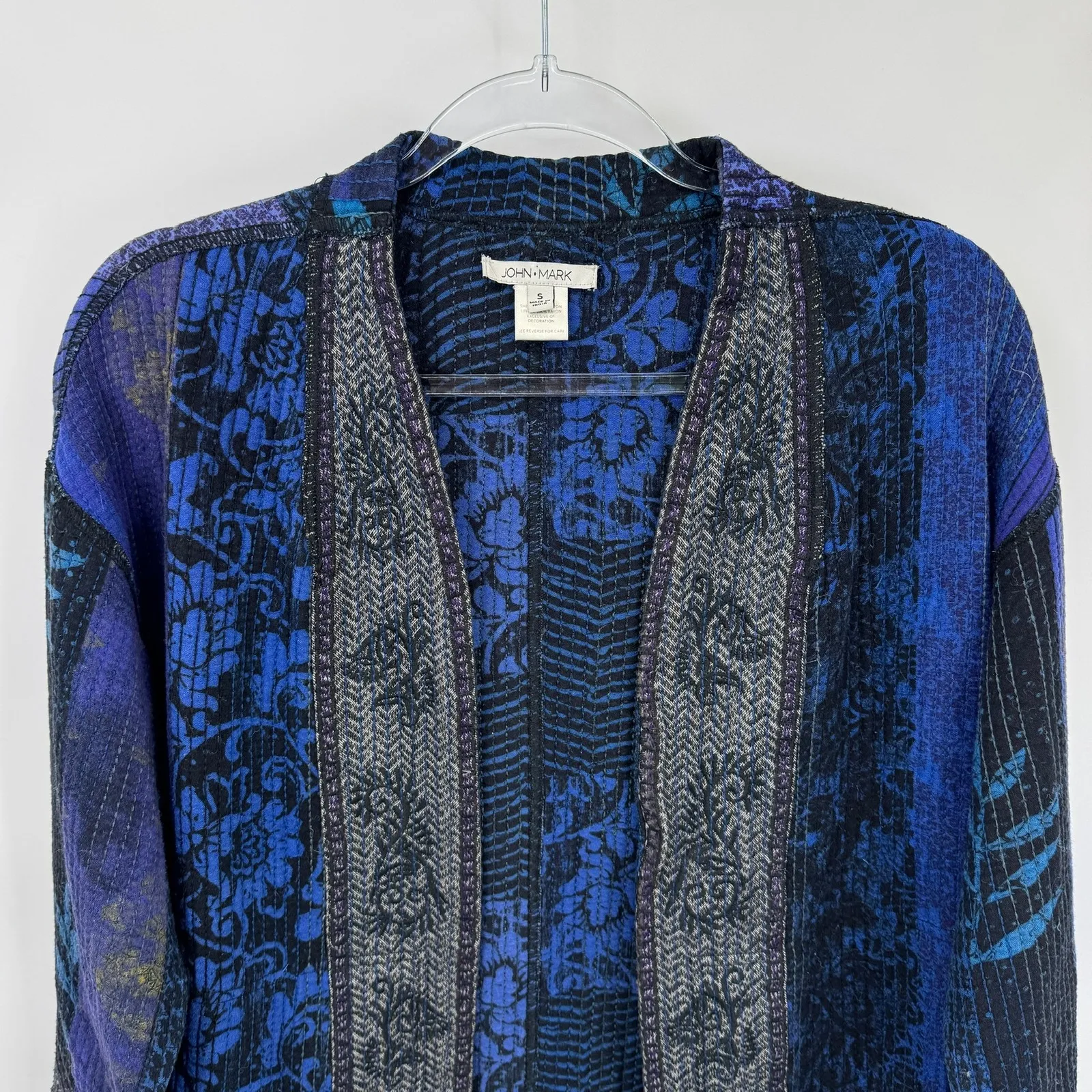 JOHN MARK Bohemian Patchwork Kimono Jacket Womens Small Blue Black Pockets - Image 2