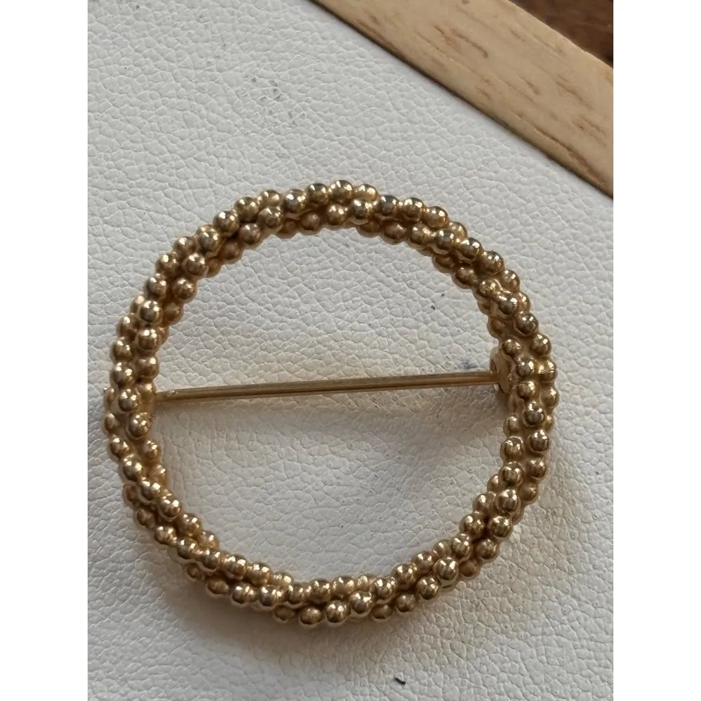 Vintage Gold Tone Leaf & Beaded Circle Brooch Set - Image 4