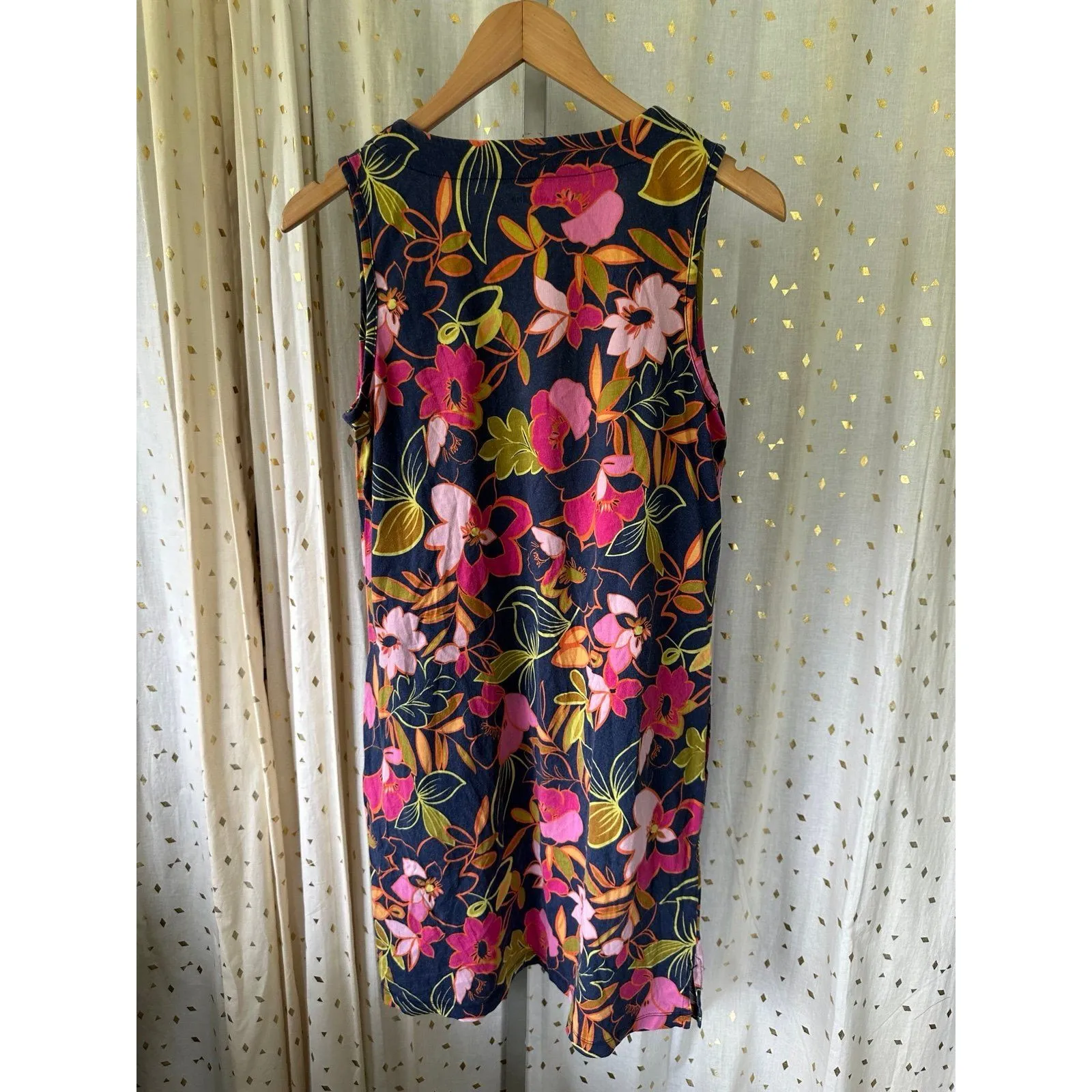 Lands End Women's 100% Cotton Pink Navy Green Hibiscus Floral Shift Dress XS - Image 3