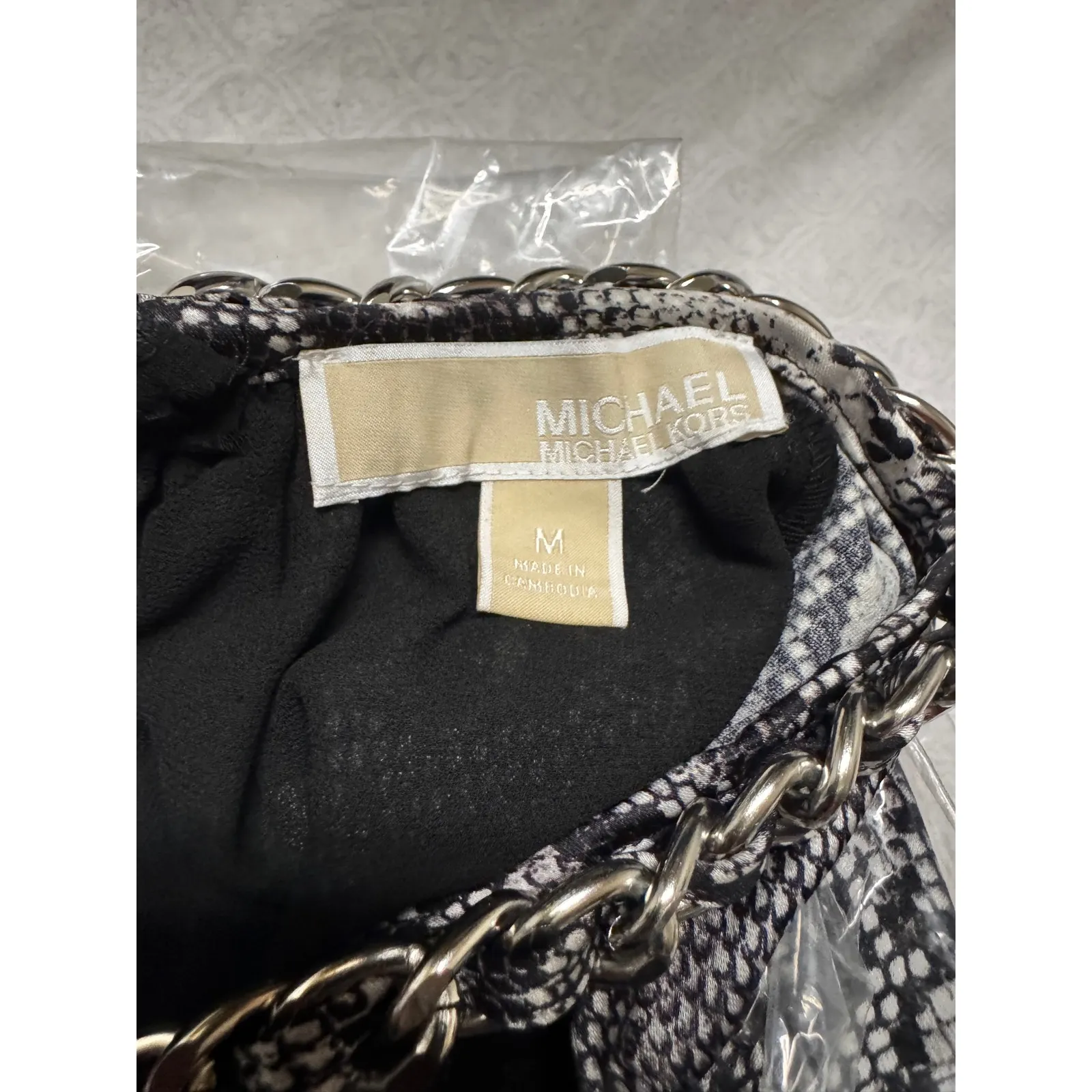 MICHAEL‎ KORS Snake Print Chain Neck Cutout Long Sleeve Mini Dress M - Image 6