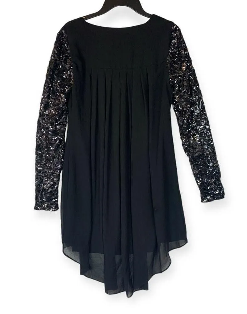 Dress the population womens medium black shift dress sequin sleeve pleated - Image 3