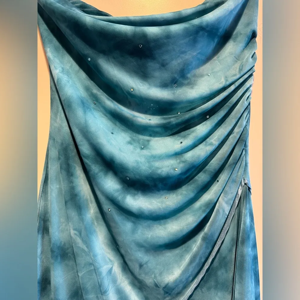 Y2K 90s Taboo asymmetrical jeweled blue ruched tube dress size medium rare!! - Image 2