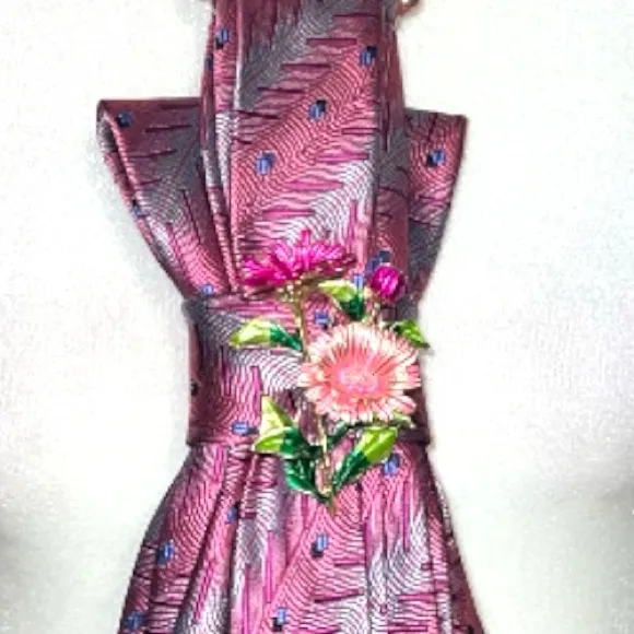 “Dainty Dapper”Pink Patterned necktie necklace with Floral Accent Pink - Image 2
