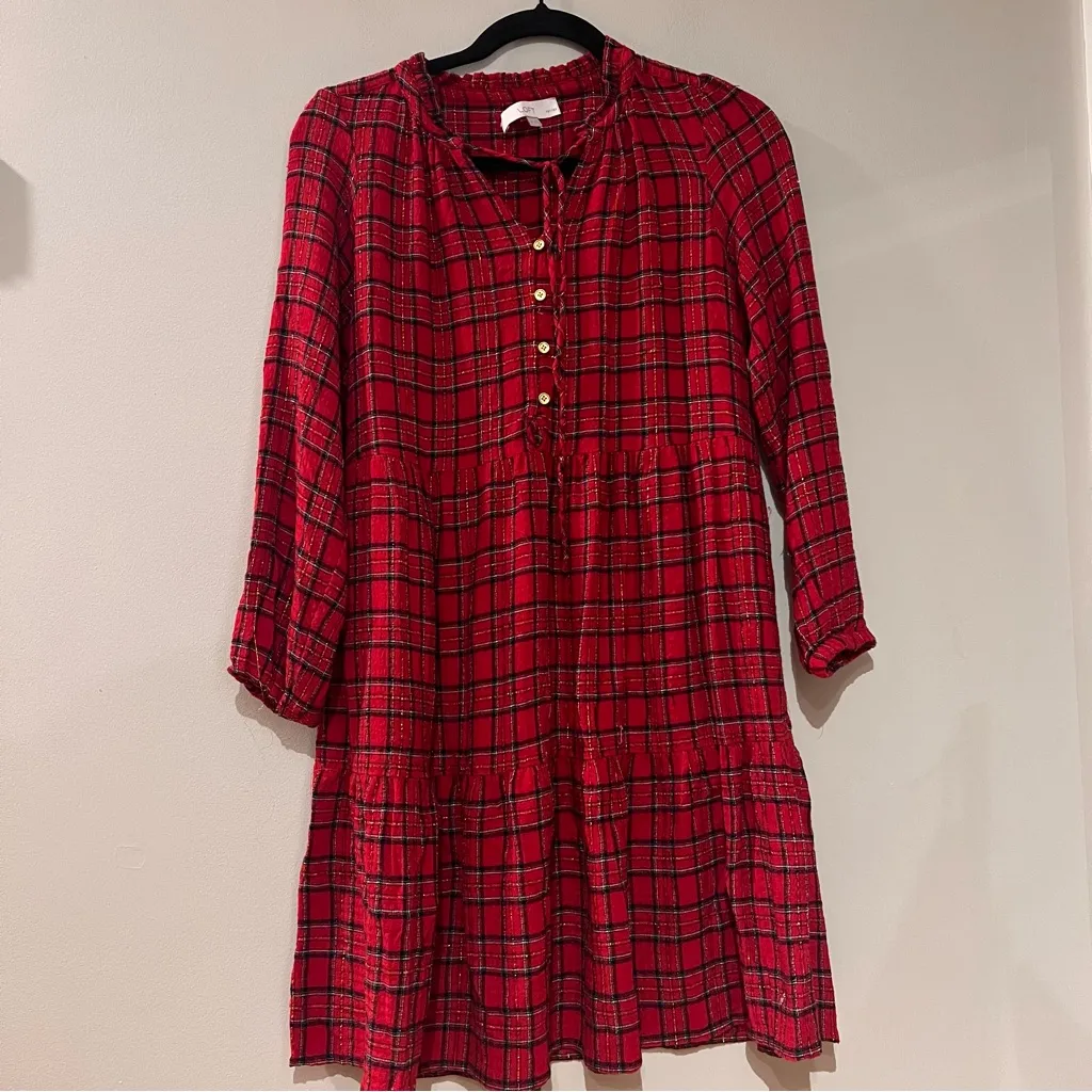 LOFT Red Plaid Long Sleeve Dress - Image 2
