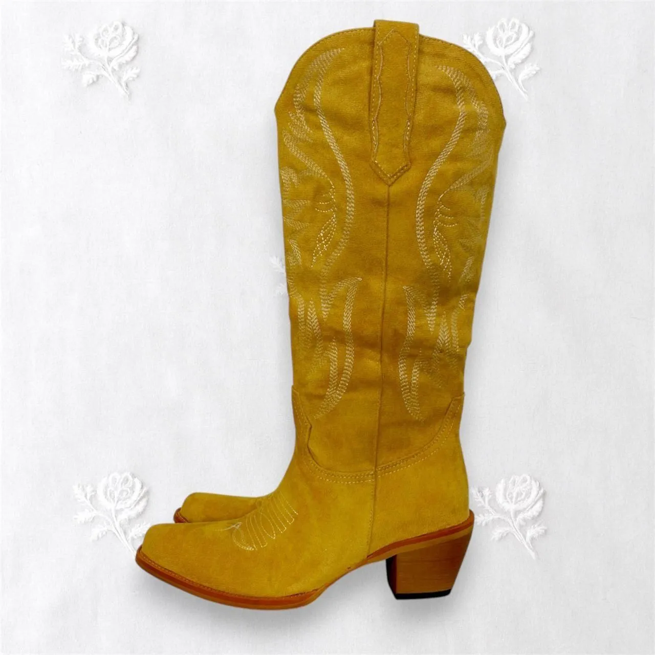 NEW Mustard Yellow Faux Suede Flame Stitched Western Cowgirl Boots US 6 - Image 2