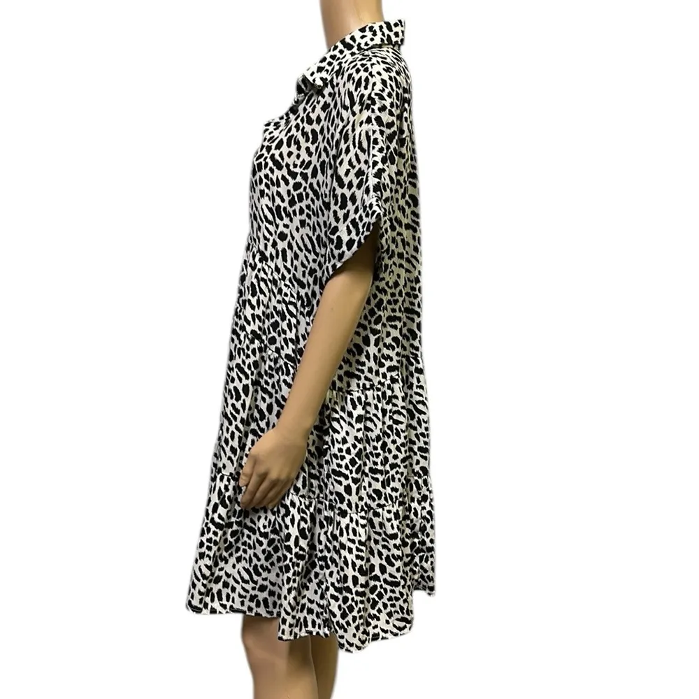 Umgee Animal Print Tiered Black Cream Short Sleeve Collared Babydoll Dress Large - Image 5