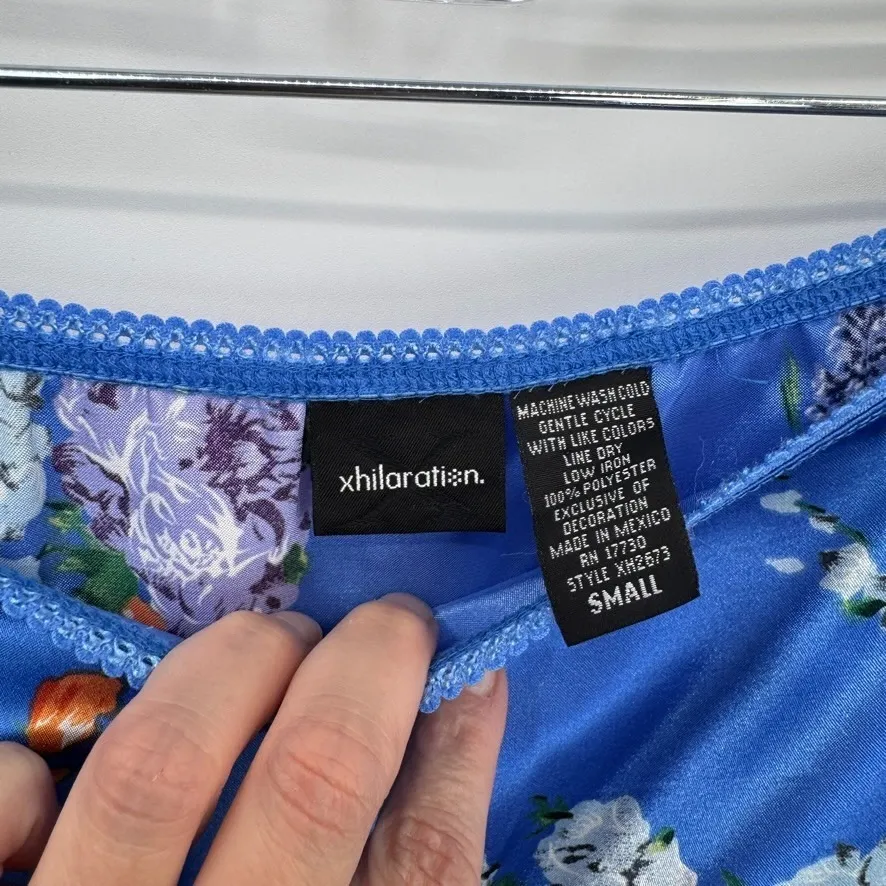 Vintage Y2K Exhilaration Skirt Womens Small Blue Satin Floral Rhinestone Grunge - Image 6