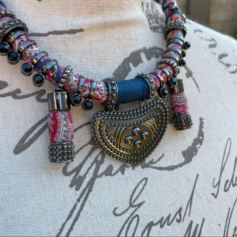 Tribal Boho Fabric, String and Metal Necklace Blue - Image 5