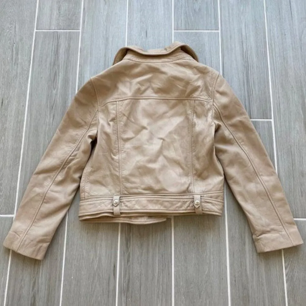 NWT All Saints Cole Biker Leather Jacket Sand Brown Sz 8 - Image 6