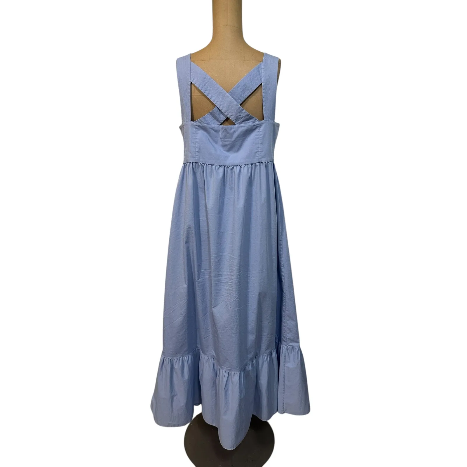 Boss Midi Dress Blue Stretch Twill Wide Crossover Straps Ruffle Skirt Size 10 - Image 9