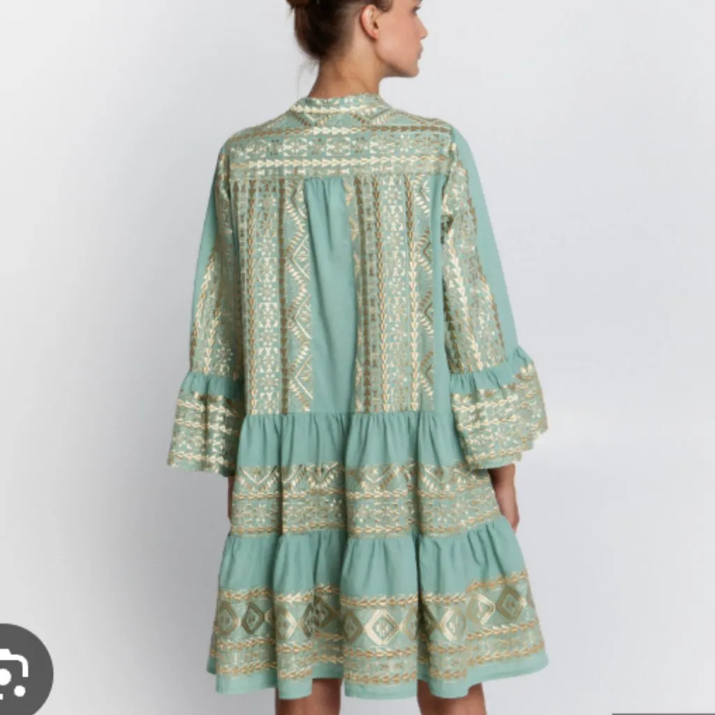 Greek Archaic Kori Adrianne Short Sleeve Gold Embroidered Ruffle Dress in Teal S Blue - Image 12