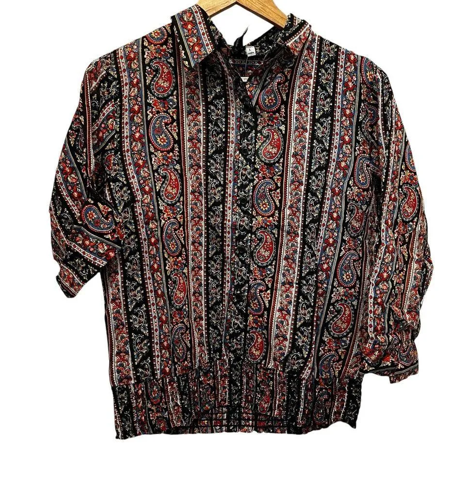 COTTON DAISY Paisley Print Blouse Top Sz L Elastic Waist Buttons Multicolor NEW Black Size L - Image 2