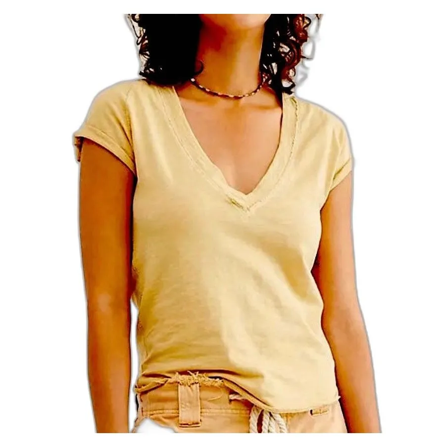 Free People We The Free Sun Valley Tee M V-Neck T Shirt Yellow/Green Small - Image 2