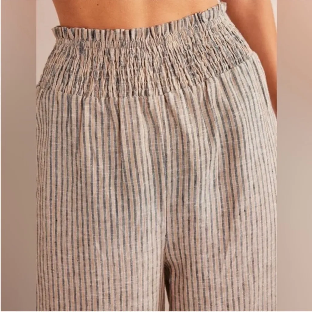 BODEN Linen Shirred Waist Trousers striped Sz 12 Tan - Image 3