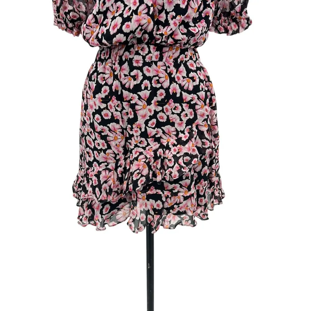 Karina Grimaldi Black Pink‎ Floral Print Silk Surplice Neck Mini Dress XS - Image 4