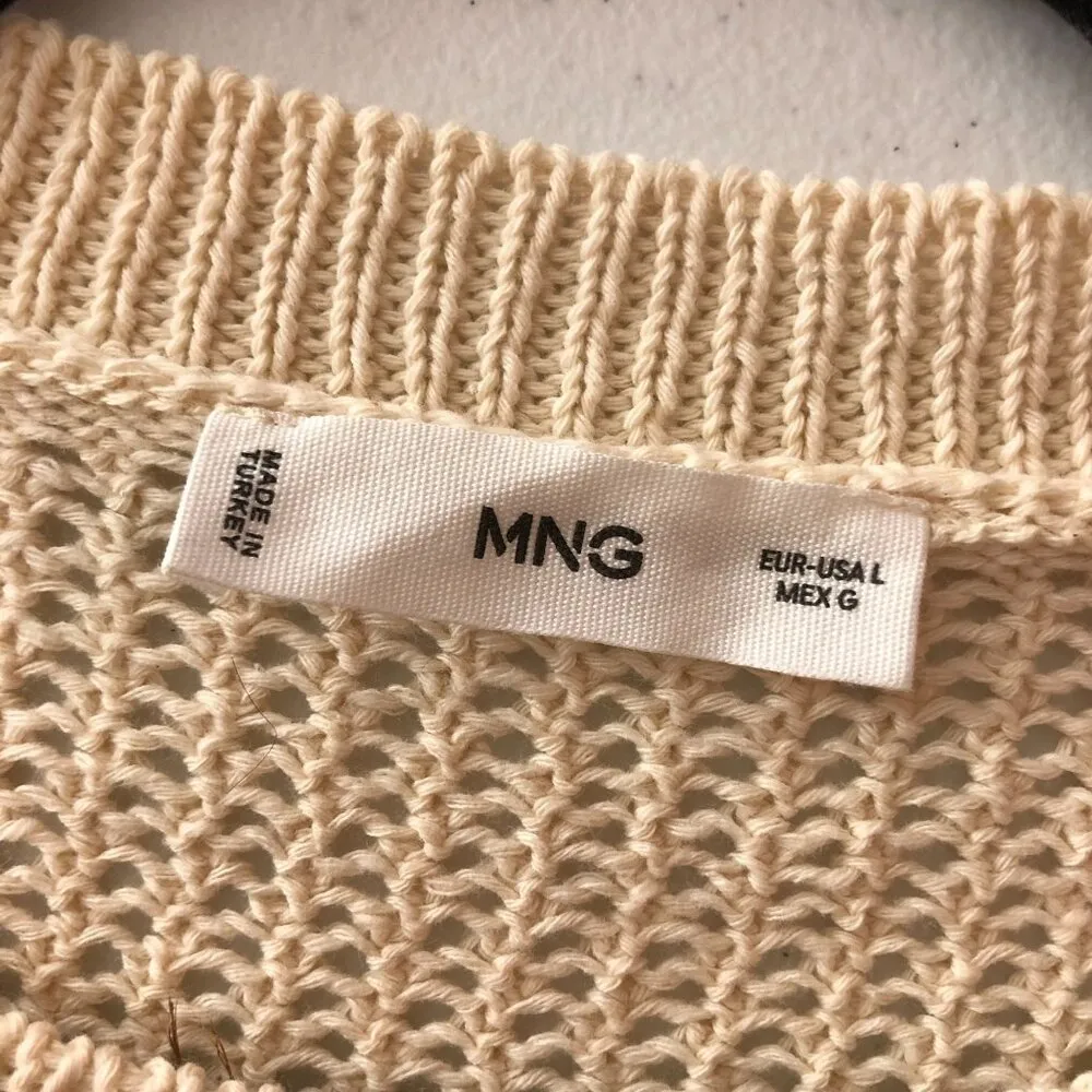 MNG Mango Womens Open Knit Sweater Boxy Floral Applique Beige Short Sleeve L - Image 3