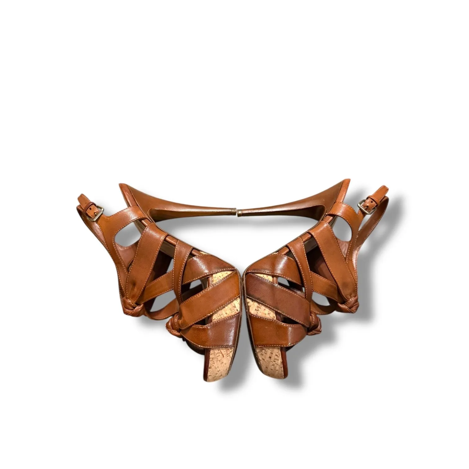 Miu Miu Strappy Heels Women's Size 37.5 Brown Leather Platform High Heel Dressy - Image 4