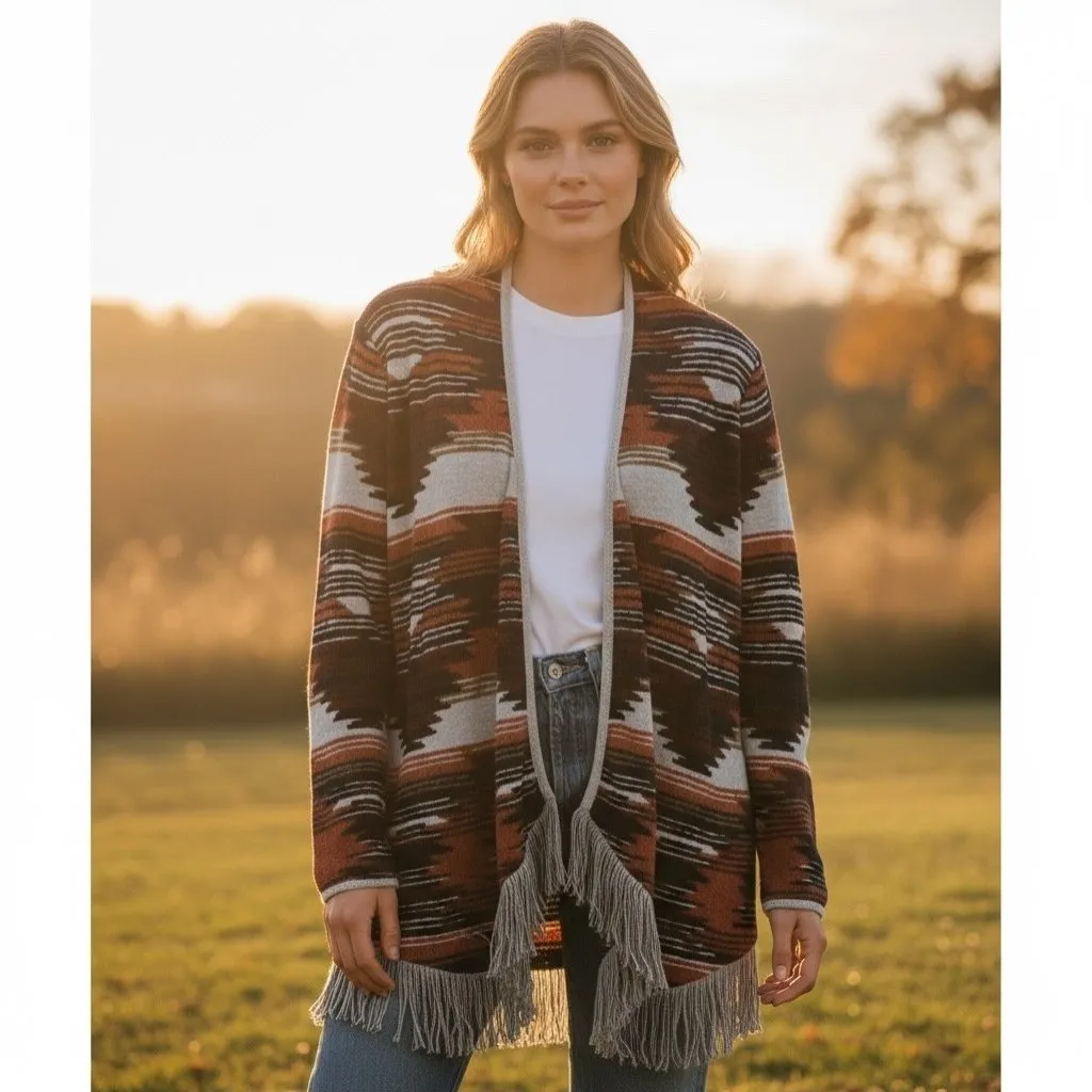 Lucky Brand Southwest Fringe Cardigan Size Large Navy Copper Burgundy Gray - Image 2