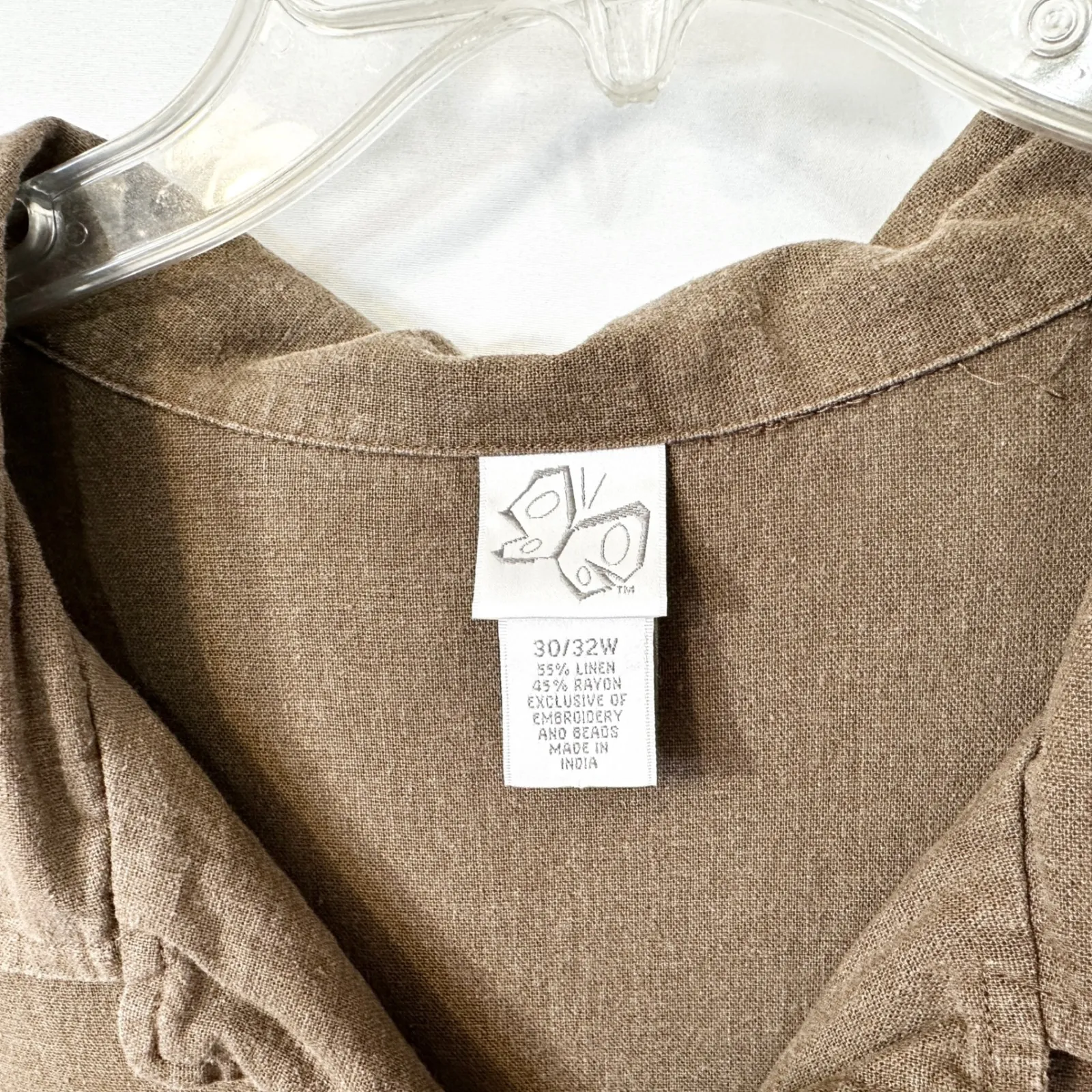 Fashion Bug Plus Size 30/32W Top Brown Linen Embroidered Floral Button Down 676 - Image 5