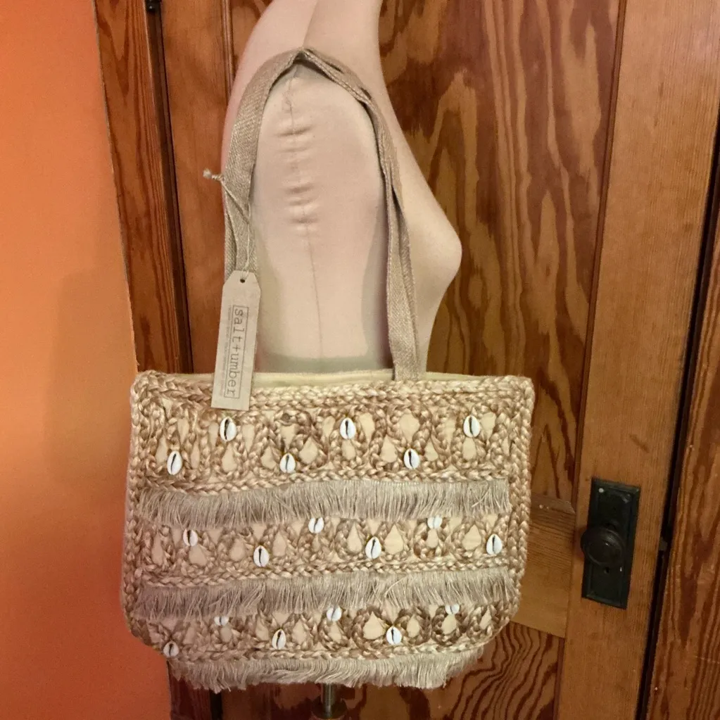 Salt & Umber Woven Straw Tote Bag Shell Detail Fringe Boho NWT - Image 4