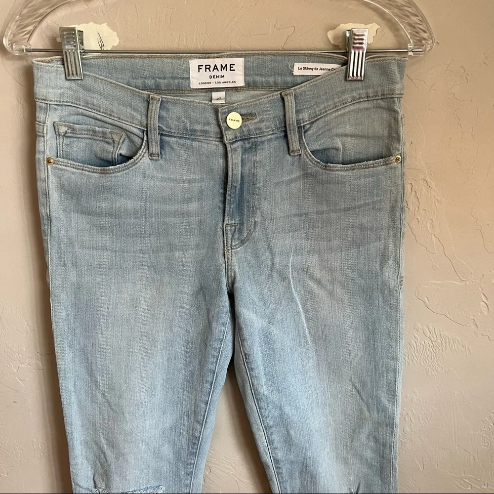 Frame Le Skinny De Jeanne Crop‎ Distressed Honeywood Raw Hem Denim Jeans - Image 3