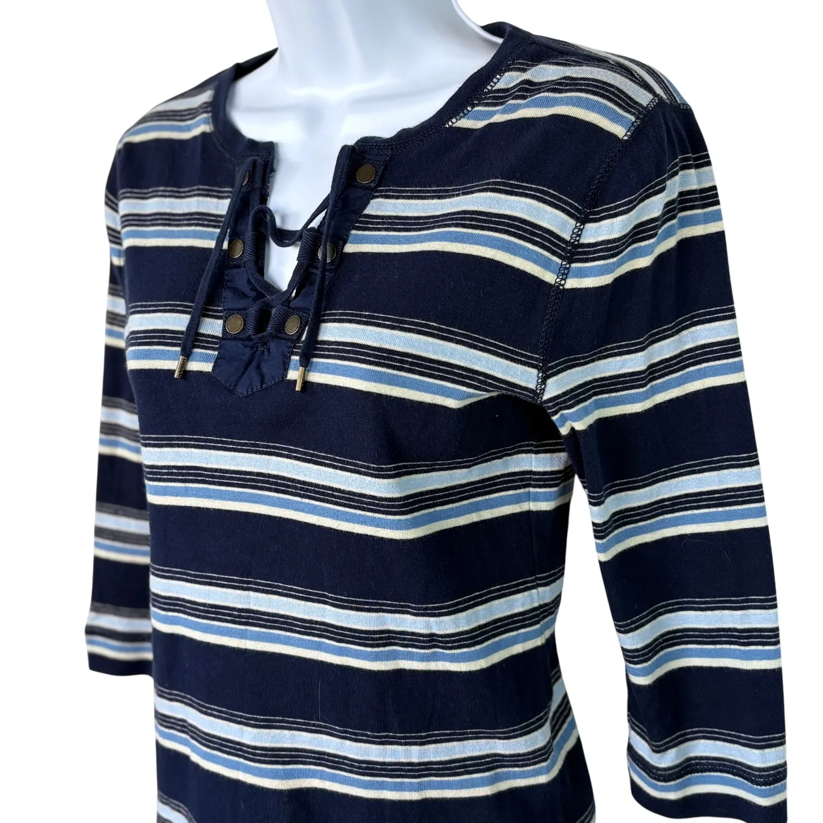 Vintage LRL Lauren Jeans Co Ralph Lauren Striped Lace Up 3/4 Sleeve‎ Top Women S Blue - Image 2