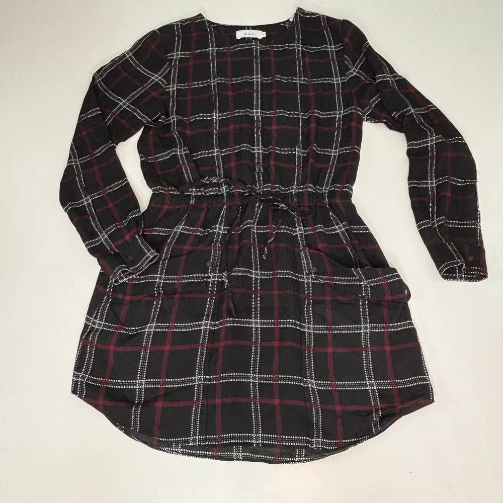 ALC Simona Plaid Long Sleeve Mini Shirt Silk Dress Black 4 - Image 3