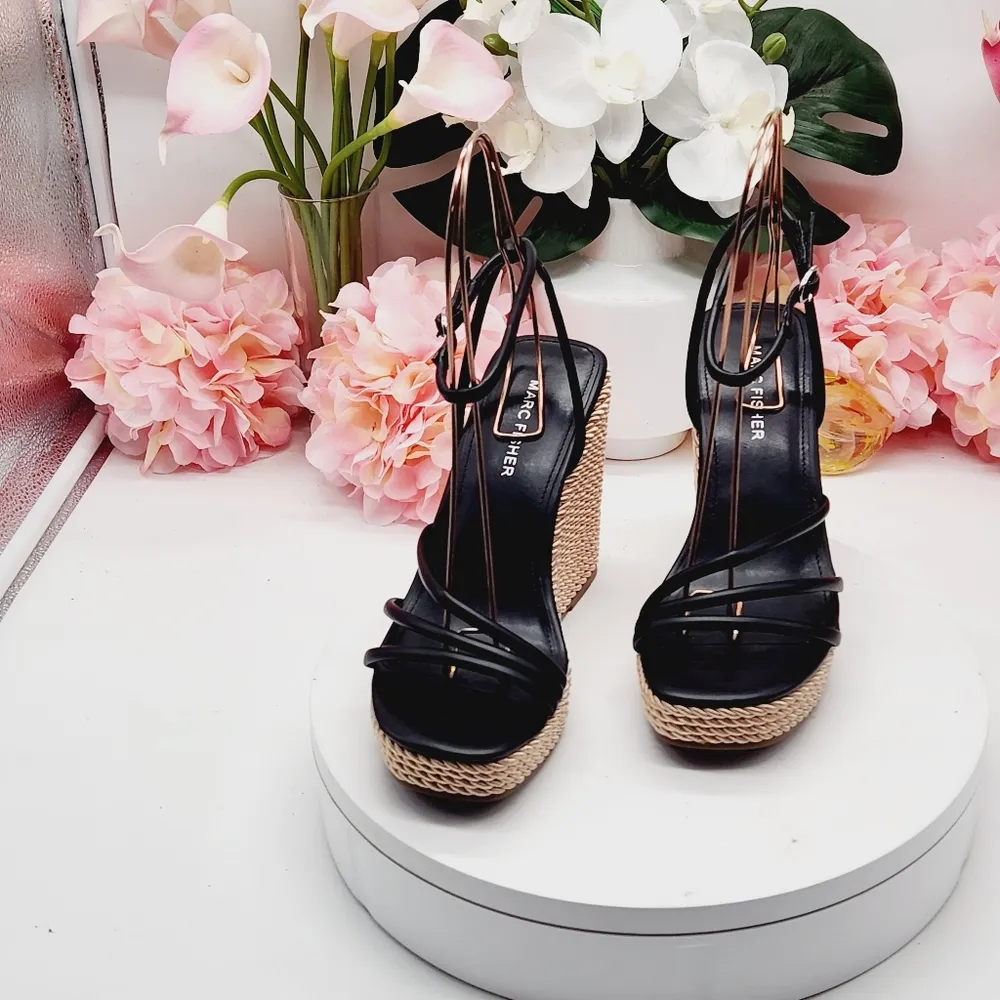 Marc Fisher Black Women’s Strappy Espadrille Wedges Size 7M - Image 10