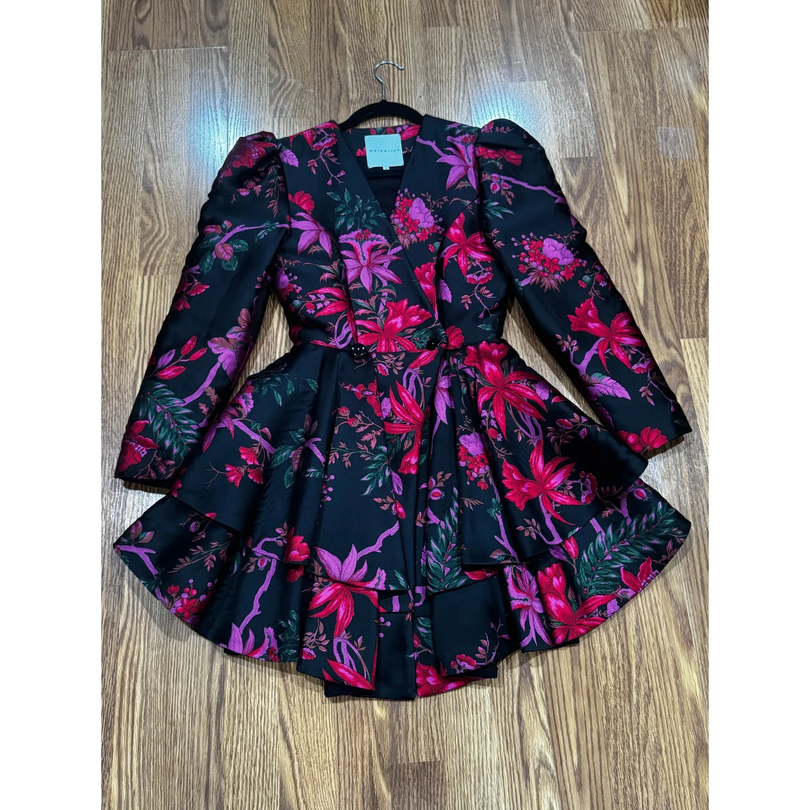 MARKARIAN Etta Black Floral Jacquard Brocade Mini Dress Crossover Button Front 2 - Image 8