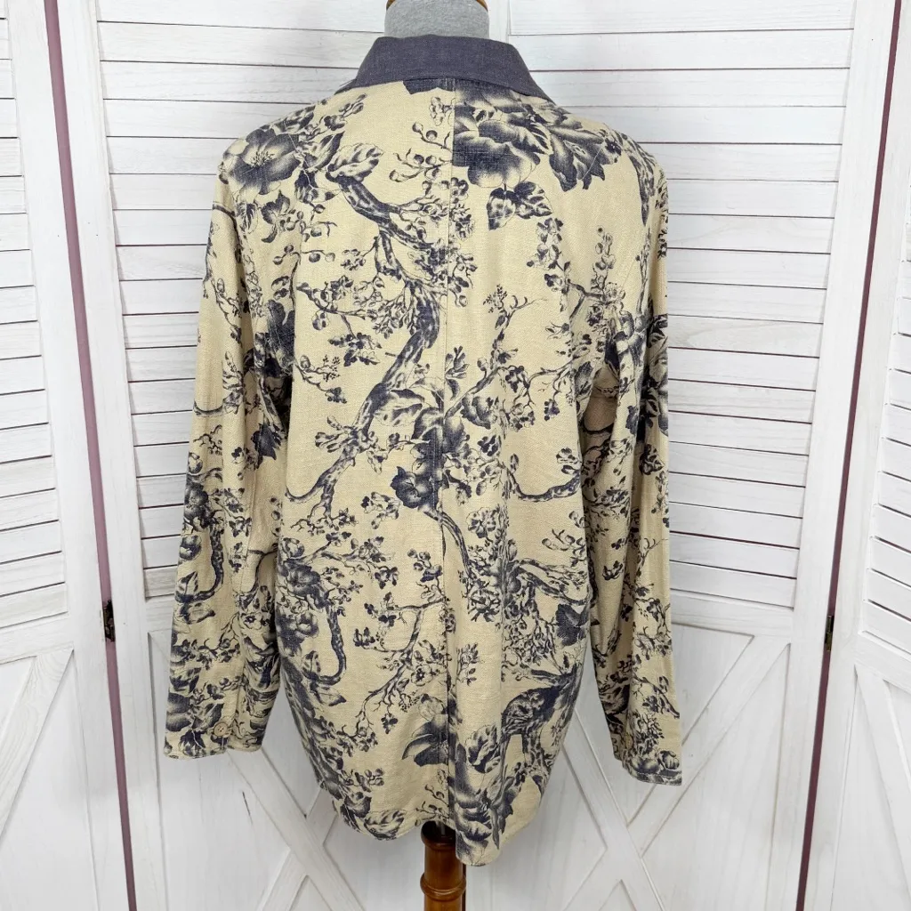 Coldwater Creek Linen Blend Floral Toile Print Chore Jacket Tan Blue Small - Image 4