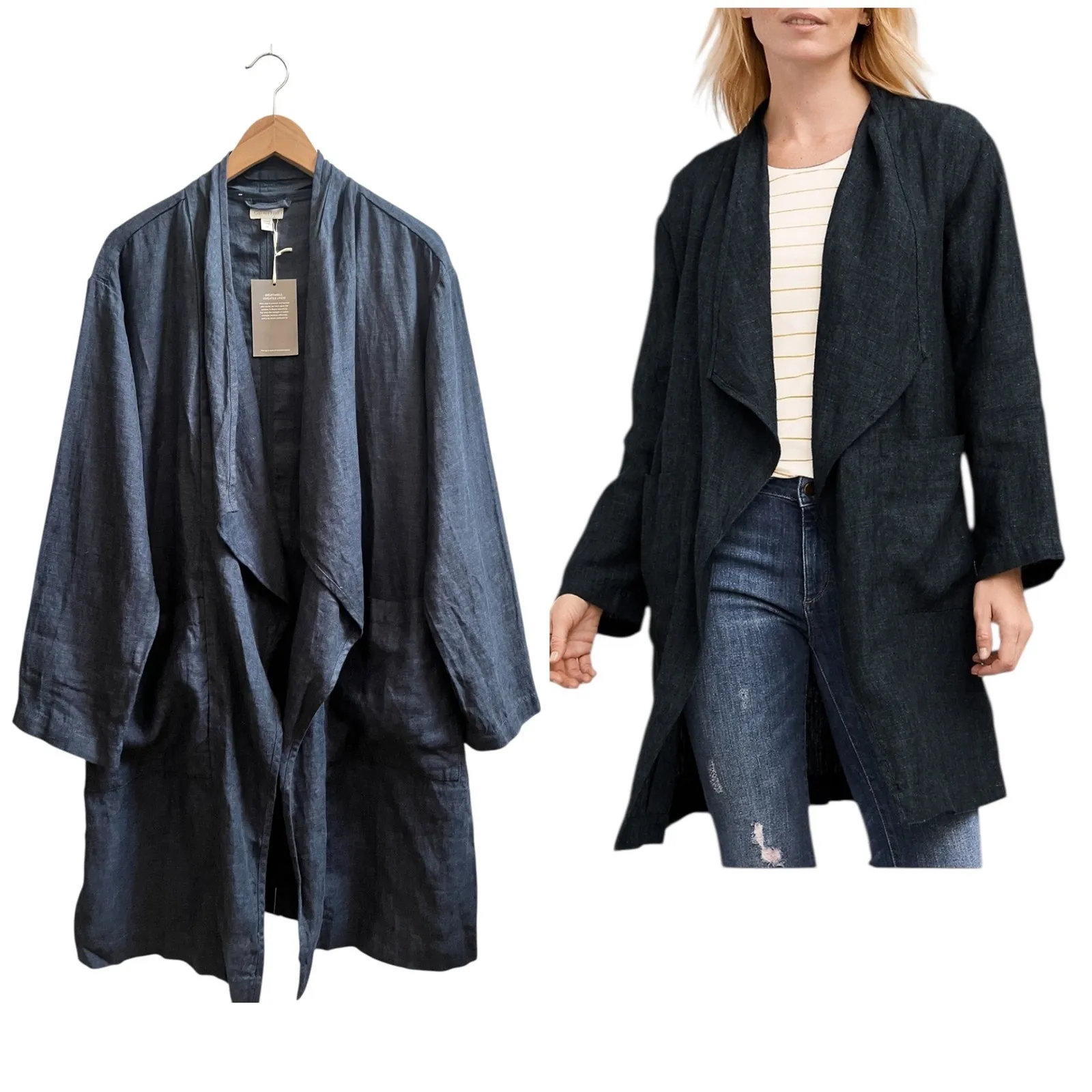 Garnet Hill New Modern Linen Oversize Open Front Pocket Topper Medium Breathable - Image 3