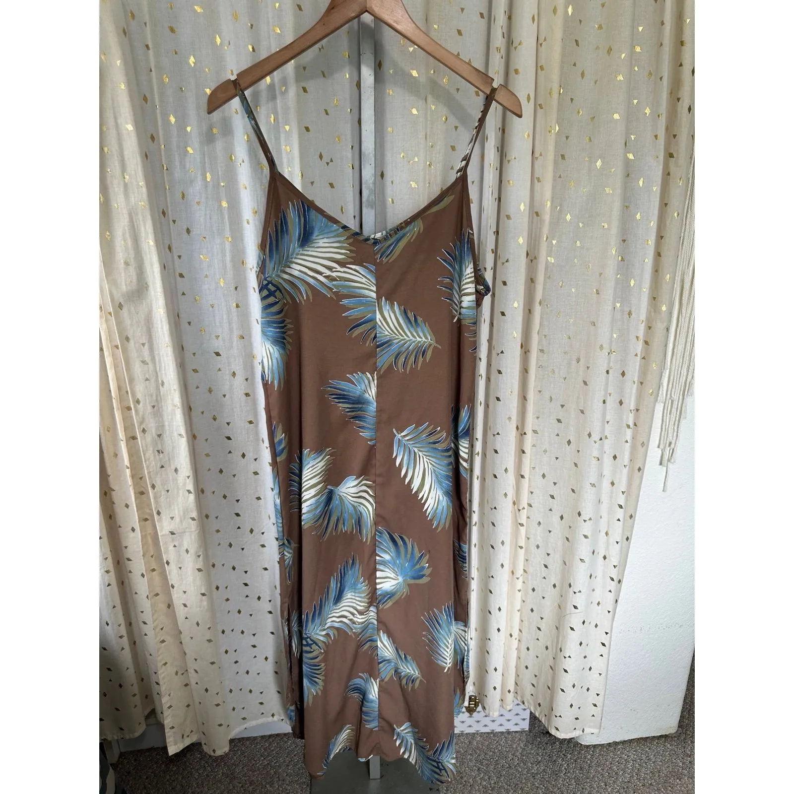 Papermoon Hawaiian Tropical Palm Leaves Mocha Midi Side Slits Slip Dress L - Image 3