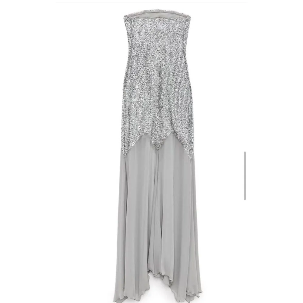 ZARA x BARBIE MATTEL Silver Sequined Tulle Long Maxi Dress Gown Size M NWT - Image 4