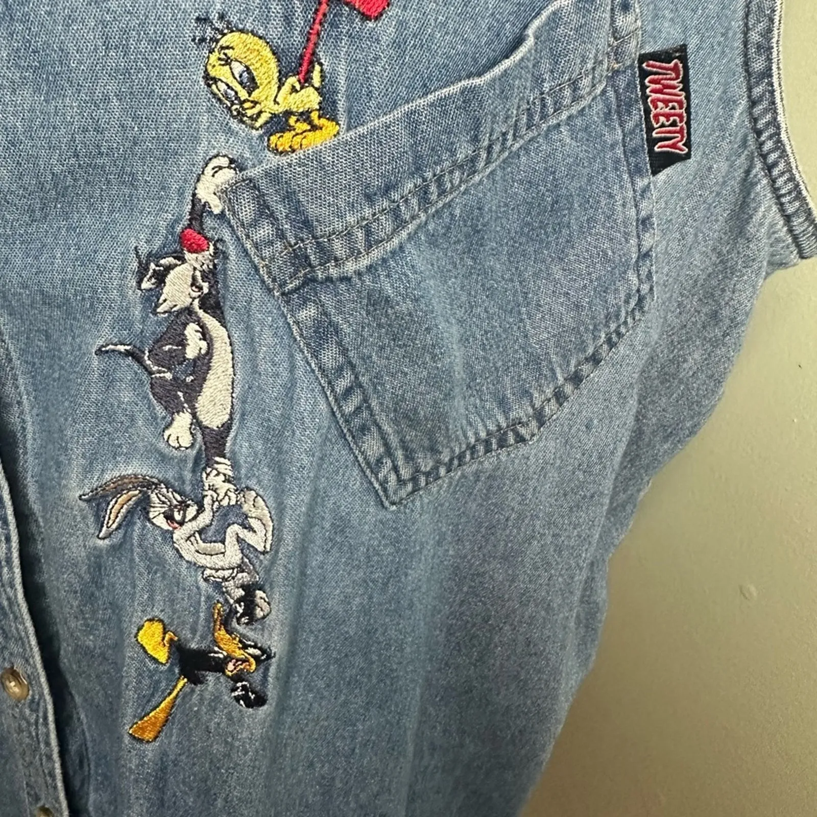 Vintage Looney Tunes Tweety Bird Denim Sleeveless Shirt | 90s Cartoon Tee Blue Size 18W - Image 4