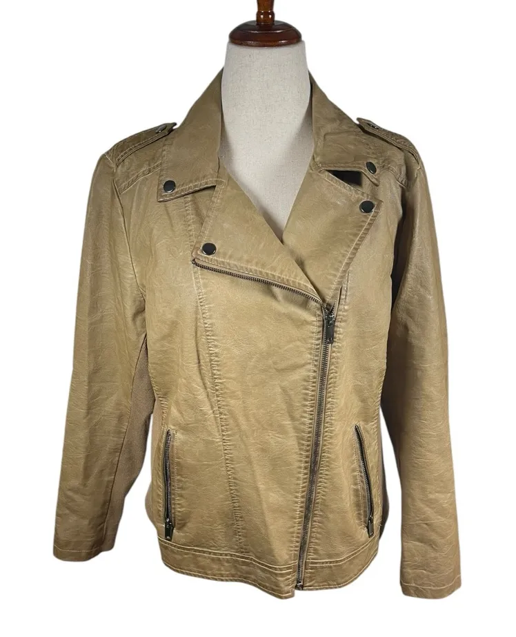 Sebby Faux Leather Moto Jacket XL Taupe Tan w/ Stretch Knit Sides - Image 1