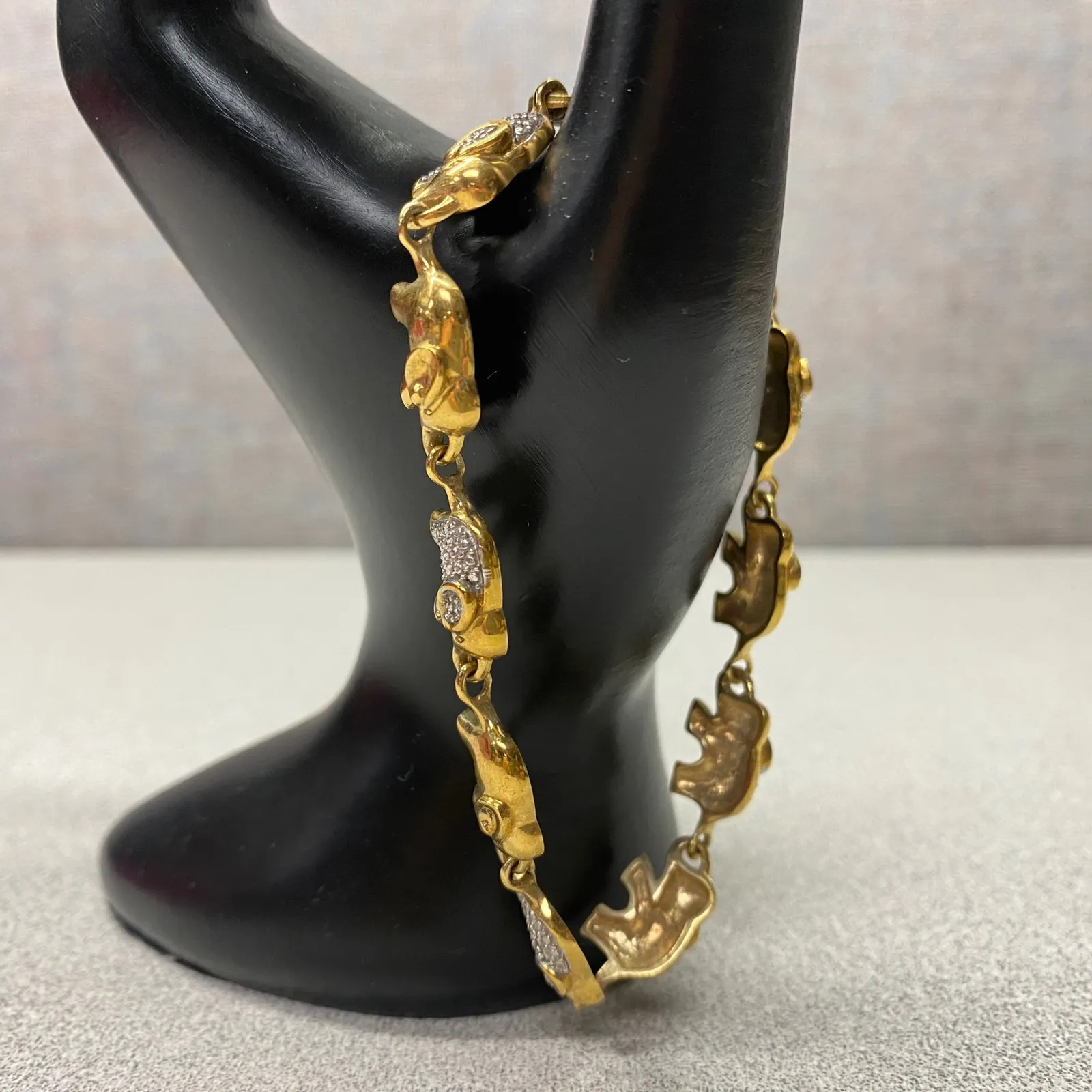 Gold Tone Elephant Link Bracelet Pave Crystal Accents Safari - Image 7