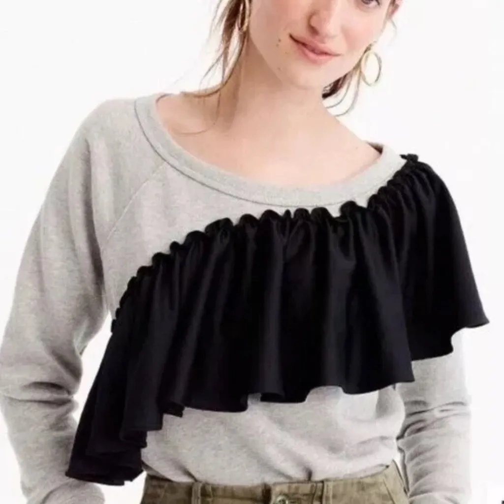 J Crew Asymmetrical Ruffle Sweatshirt Gray Black. Size S - Image 2