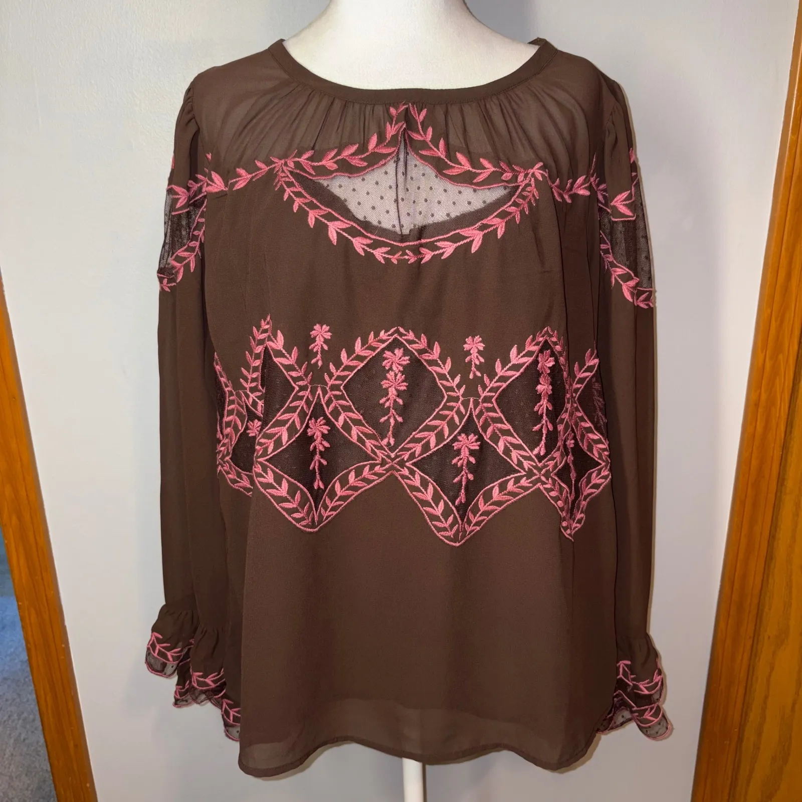Anthropologie Long Sleeve Appliqué‎ Embroidered Sheer Brown Blouse Top Size L - Image 2