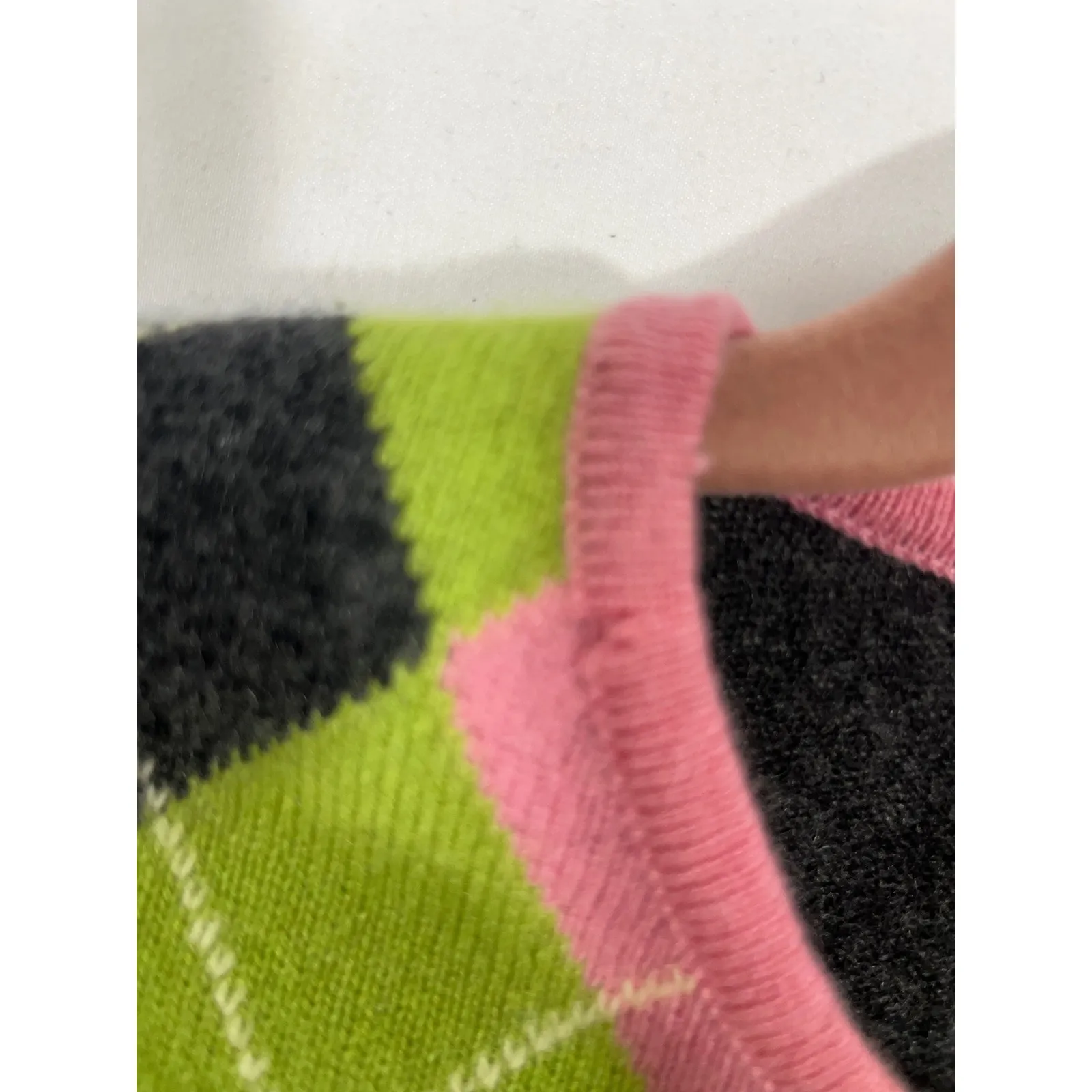 Qi Cashmere Women Argyle Sweater Long Sleeve Quite Luxury Gray/Green/Pink Sz M Gray Size M - Image 9