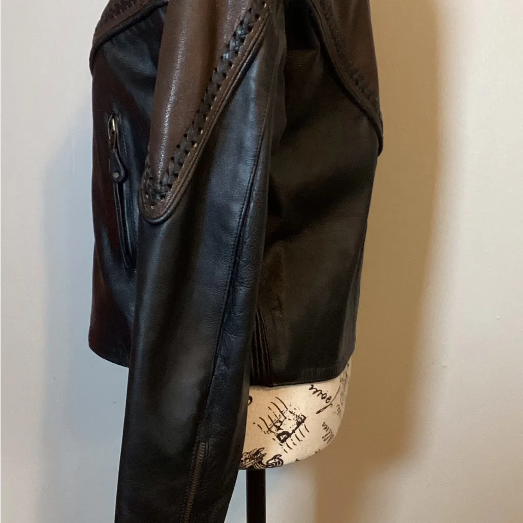 VINTAGE HEAVY LEATHER HIGHWAY LADIES RIDING JACKET BLACK/BROWN BRAIDED Size SM Black - Image 8